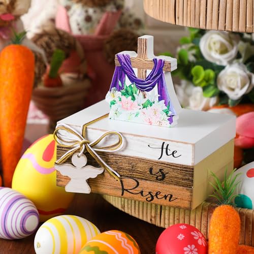 Pinkunn 4 Pcs He is Risen Easter Decorations Christian Wooden Table Sign