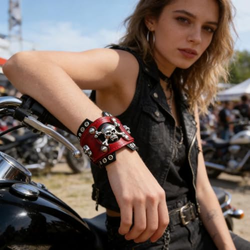 HZMAN Leather Bracelets Retro Men's Leather Cuff Bracelet Adjustable Wide Wristband Bracelet Jewelry Gift - color: Red-Skull