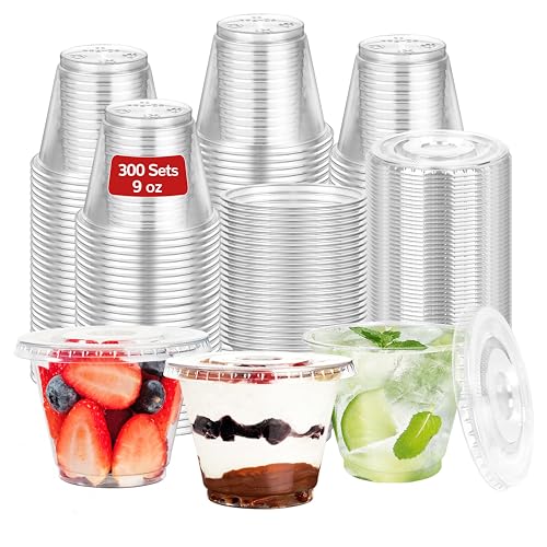 9oz Clear Plastic Cups with Flat Lids No Hole (300 Sets) - size: 9 oz-300Sets