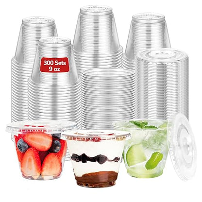9oz Clear Plastic Cups with Flat Lids No Hole (300 Sets) - size: 9 oz-300Sets