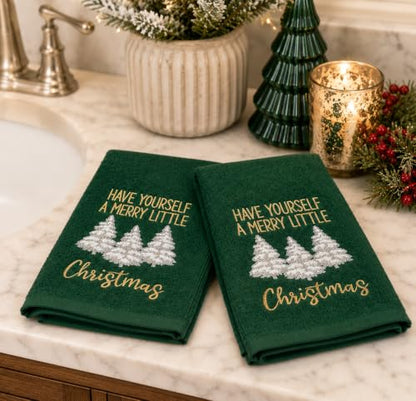 Christmas Green Guest Hand Bathroom Towels Merry Little XMas Trees, 16x26" - color: Little Christmas