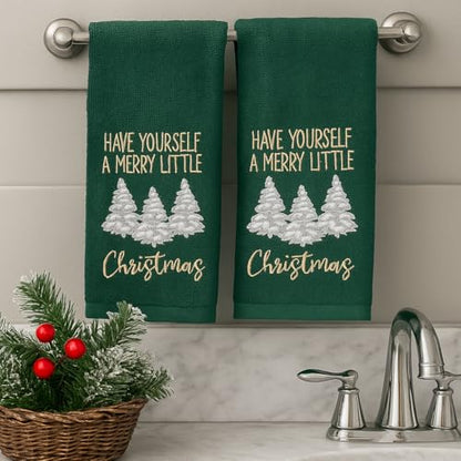 Christmas Green Guest Hand Bathroom Towels Merry Little XMas Trees, 16x26" - color: Little Christmas