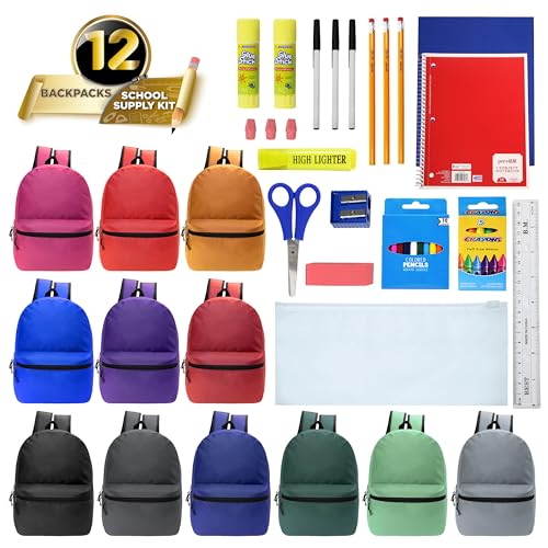 Moda West 12 Pack 17" Bulk Wholesale Backpacks with 34 Piece School Supplies Kits, 12 Colors - color: 12 Colors Asst, size: 34 Piece SS Kit