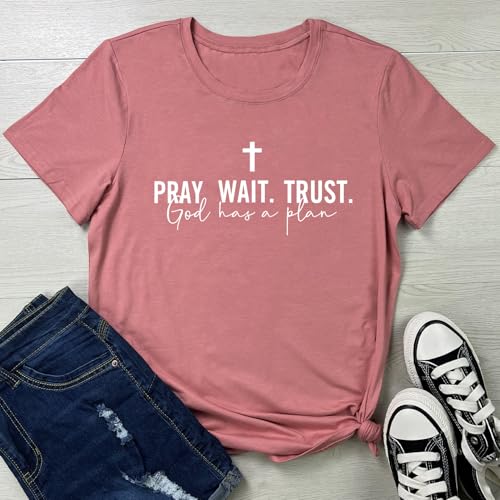 LOOKFACE Women Pray Wait Trust Soft Tees Cute Graphic T Shirts - color: Mauve, size: Small