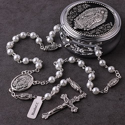 HanlinCC Guadalupe Catholic Rosary Glass Pearl Beads Necklace with Gift Box - color: Guadalupe Rosary White