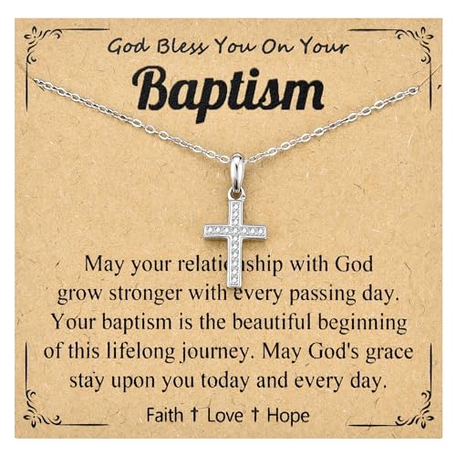 Cross Necklace for Girls Women, Baptism Easter First Communion Confirmation Gifts - 16"+2" Silver Plated Tiny Cross Necklace, Religious Jewelry Gifts for Daughter Granddaughter Goddaughter - style: Baptism