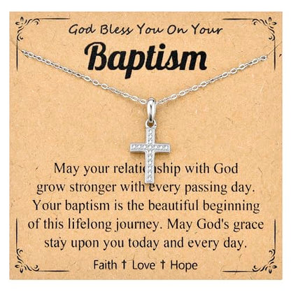 Cross Necklace for Girls Women, Baptism Easter First Communion Confirmation Gifts - 16"+2" Silver Plated Tiny Cross Necklace, Religious Jewelry Gifts for Daughter Granddaughter Goddaughter - style: Baptism