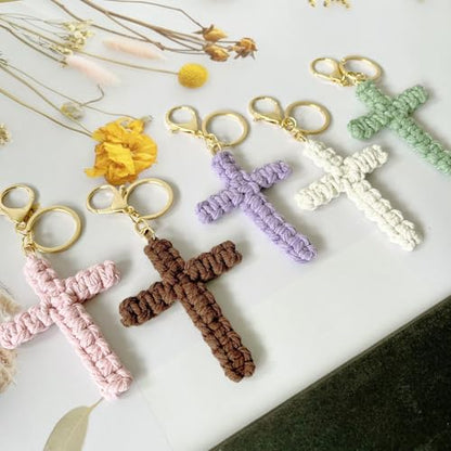 Pingyongchang Handmade Weave Cross Keychain Boho Macrame Jesus Christian Charm Keychain for Women Men - color: Brown