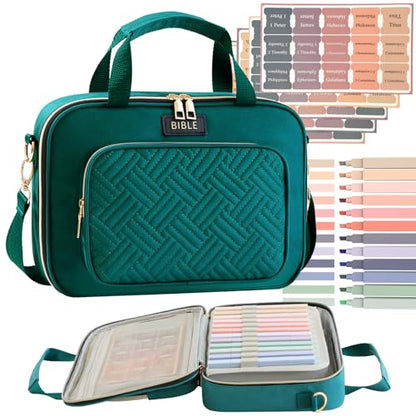 Bible Cover for Women Bible Case, Large Bible Bag, Bible Study Supplies Bible Journaling Kit Book Carrying Case with Bible Highlighters Tabs, Valentines Day Christian Gifts for Women (Green) - color: Green