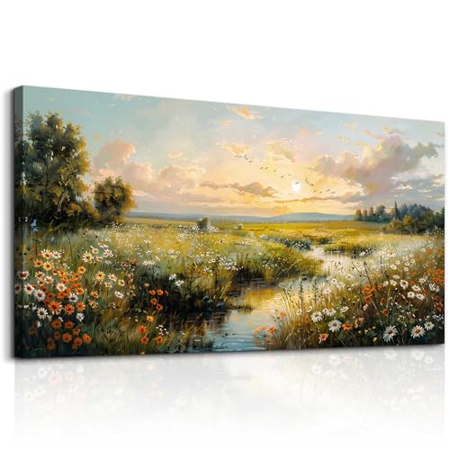 XIGUANGART Nature Landscape Wall Art, Sunset Wildflowers Pictures 20X40 In - color: Pastoral Scenery Paintings, size: 40"L x 20"W