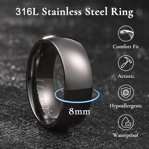 King Will 316L Wedding Band for Men Women, 4-8mm I LOVE YOU Dome Size 4-15 - color: E-Gunmetal Gray-8mm