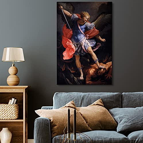artprints1stop Canvas Print Wall Art - Archangel Michael Tramples Satan by Guido Reni - 12x18 inches - color: Archangel Michael Tramples Satan, size: 18"L x 12"W