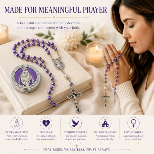 Catholic Pearl Cross Rosary Necklace — Ideal for Baptism, Prayer, Devotion — 6mm Glass Beads & 8mm Our Father Beads w/Caps, Miraculous Jewelry Box – Perfect Religious Gift for Women, Men - color: Purple