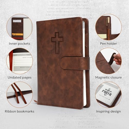 Prazoli Leather Christian Bible Prayer Journal For Men - Study Scripture Notebook & Planner Daily Devotional Undated | Religious Jesus Faith Gifts for Graduation, Pastor Baptism & Church, Cross - color: Men's Cross