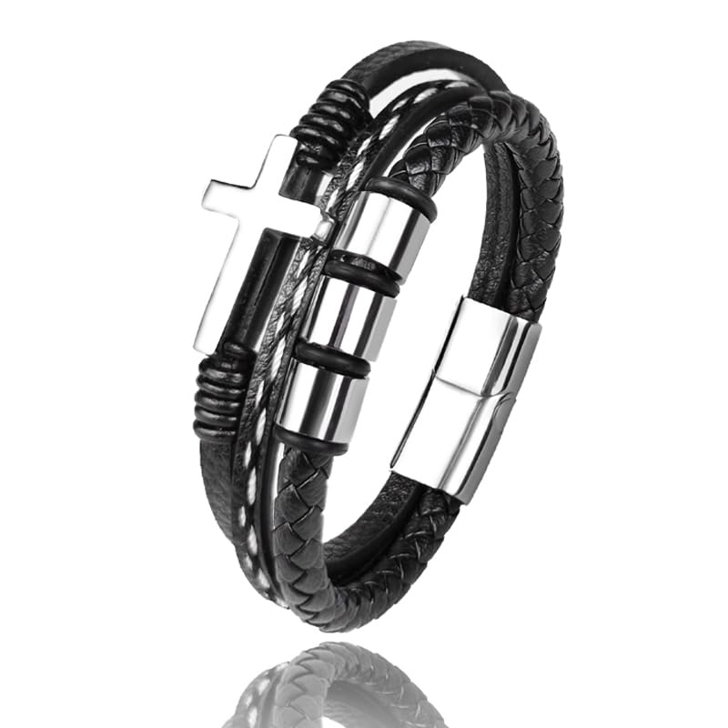 Multi-Layer Braided Leather Bracelets Mens Cross Leather Bracelet Wristband Religious Leather Bracelets Men Customized Gifts - color: silver, size: 7.5