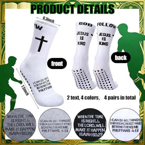 4 Pairs Cross Grip Soccer Socks, Us Size 6-12 - color: Black, White, Light Gray, Dark Gray, style: Bible Verse