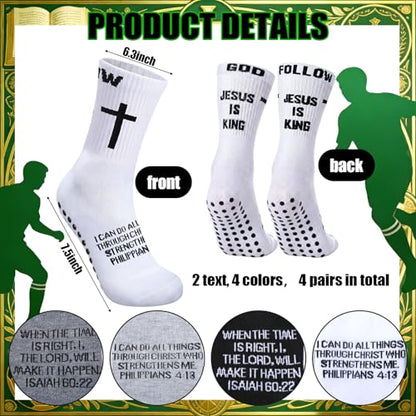 4 Pairs Cross Grip Soccer Socks, Us Size 6-12 - color: Black, White, Light Gray, Dark Gray, style: Bible Verse