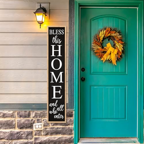 Welcome Sign for Front Door, Wood Black, 45"X9" - color: Bless this Home And All Who Enter(Wood Black)