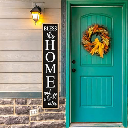 Welcome Sign for Front Door, Wood Black, 45"X9" - color: Bless this Home And All Who Enter(Wood Black)