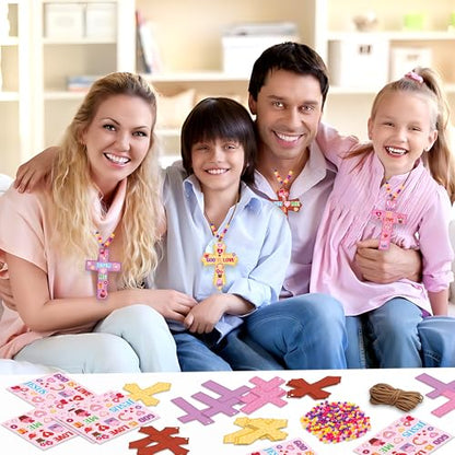 BeYumi Religious Cross Necklace Craft - 28Pcs God is Love Religious Craft Kit DIY Sticker Cross and Beads Necklace Christian Jusus Love Me Decor Woman Party Activities - style: Valentine