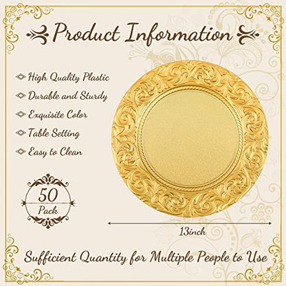 Uiifan 50 Pcs Gold Charger Plates Bulk 13'' Antique Plastic Chargers - color: Gold