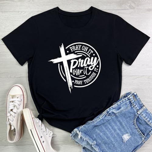 LOOKFACE Womens Pray Graphic Tees Cute Tops - color: Black, size: Medium
