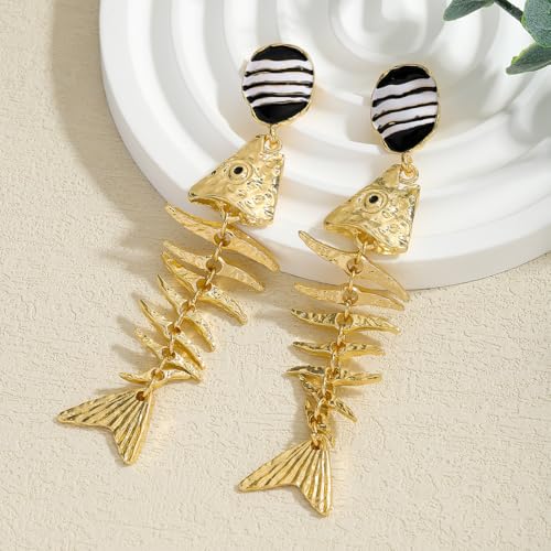 Creative Exaggerated Ocean Animal Drop Dangle Earrings for Women, Bohemia Style Alloy Lobster Octopus Fish Crab Earrings for Summer Beach Holiday Party Jewelry Gifts - style: Gold Fish Bone Earrings