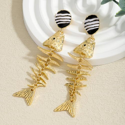 Creative Exaggerated Ocean Animal Drop Dangle Earrings for Women, Bohemia Style Alloy Lobster Octopus Fish Crab Earrings for Summer Beach Holiday Party Jewelry Gifts - style: Gold Fish Bone Earrings
