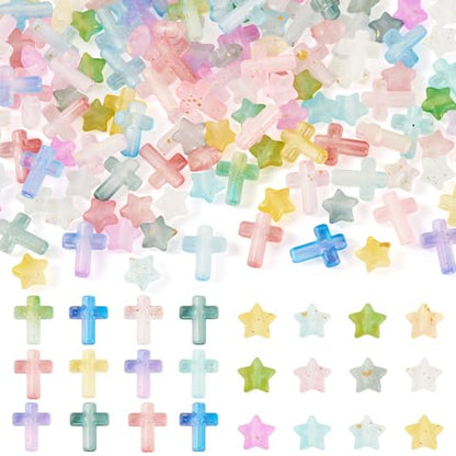 200Pcs Cross Star Acrylic Beads with Gold Foil Pastel Kandi Bead Crucifix Bracelet Halloween Beads for Keychain Crafts DIY Easter Jesus Bracelet Rosary Jewelry Making Supplies - color: Random Gradient