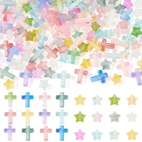 200Pcs Cross Star Acrylic Beads with Gold Foil Pastel Kandi Bead Crucifix Bracelet Halloween Beads for Keychain Crafts DIY Easter Jesus Bracelet Rosary Jewelry Making Supplies - color: Random Gradient