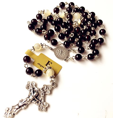 elegantmedical handmade Garnet Gemstone Beads Our Lady of GRACE 5 DECADE ROSARY Cross necklace