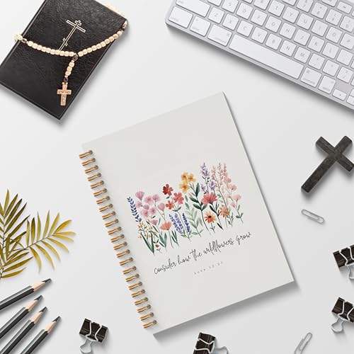 Poecinvi Christian Notebook Journals for Women, Consider How the Wildflowers Grow Prayer Bible Journal for Woman, Christian Gifts for Women Faith, Bible Verse Scripture Spiral Notebook 5.5x8.3 Inch - color: Luke 12:27