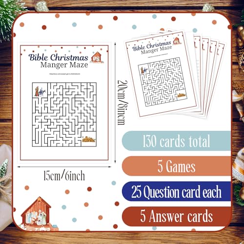 AmazingSpark 130 Pcs Bible Christmas Trivia Games 5 Designs Family Church