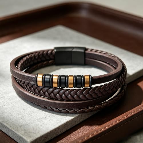 Kim Carrey Italian Handmade Leather Bracelets for Men - color: Brown, size: 9"
