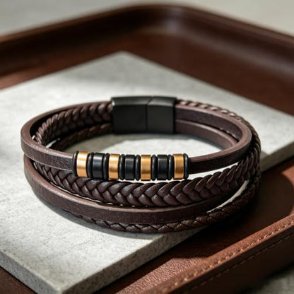 Kim Carrey Italian Handmade Leather Bracelets for Men - color: Brown, size: 9"