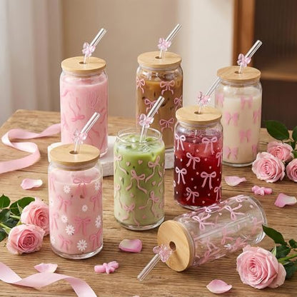 Glass Cups with Lids and Straws, 4Pack, 16oz, Coquette Pink - style: 4Pcs Pink Bow