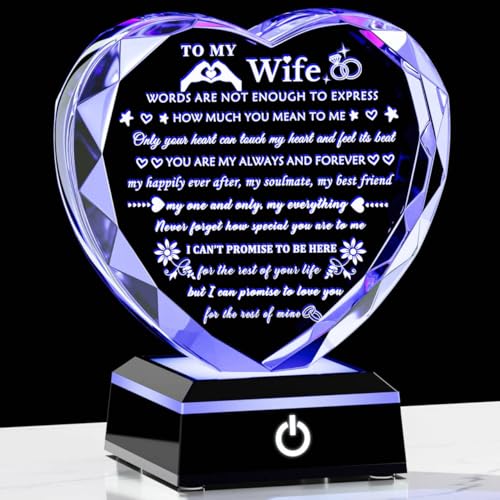 Arikyrist Romantic Wife Gift from Husband with Colorful LED Base Anniversary Birthday Gifts for Wife Crystal Keepsake I Love You Gift for Her on Mothers Day Valentine Christmas - color: Wife Gifts + Light Base