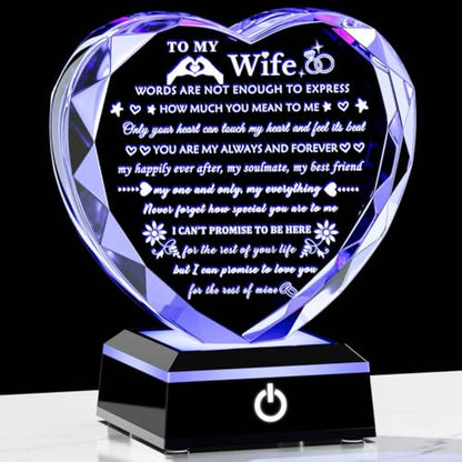 Arikyrist Romantic Wife Gift from Husband with Colorful LED Base Anniversary Birthday Gifts for Wife Crystal Keepsake I Love You Gift for Her on Mothers Day Valentine Christmas - color: Wife Gifts + Light Base