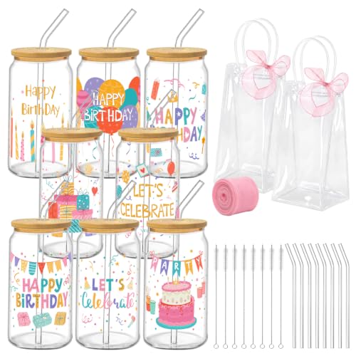 Iced Coffee Mugs, 8 Sets, Glass, 16 oz, Reusable, Birthday Party - color: Happy Birthday