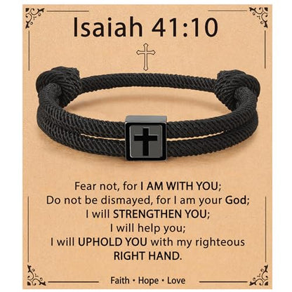 Christian Cross Bracelet for Boys Men- Adjustable Rope Bracelet Christian Religious Jewelry Gifts Ideas for Teen Boys Kids - color: Black-Isaiah 41:10