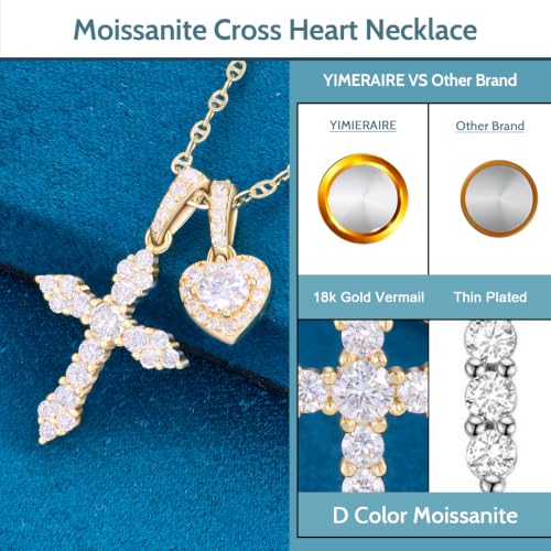 Moissanite Double Cross Necklace, Women Moissanite Diamond Cross Pendant - color: 14k Gold Vermeil Cross+Heart