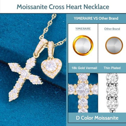 Moissanite Double Cross Necklace, Women Moissanite Diamond Cross Pendant - color: 14k Gold Vermeil Cross+Heart