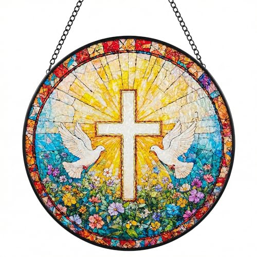 Stained Glass Window Hanging Sun Catcher, 8 Inch Wildflower Cross Wall Decor, Christian Gifts for Women, Catholic Religious Easter Decor for Home Indoor(B7) - color: B7