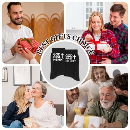 Christian Socks for Men, Biblical Crew Socks Gifts for Dad Grandpa Husband - color: God First Black
