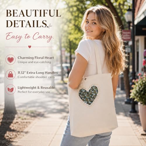 Christian Tote Bag Gift for Women, Canvas Bible Bag Handmade Floral Cross - color: Cream-brown Daisies Love