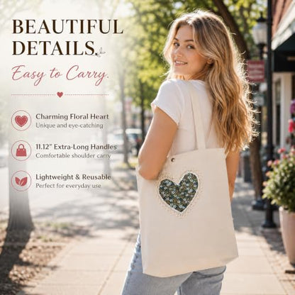 Christian Tote Bag Gift for Women, Canvas Bible Bag Handmade Floral Cross - color: Cream-brown Daisies Love