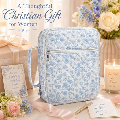 Bible Cover for Women Large Quilted Cotton Bible Bag with Handle Storag - color: Blue Flower