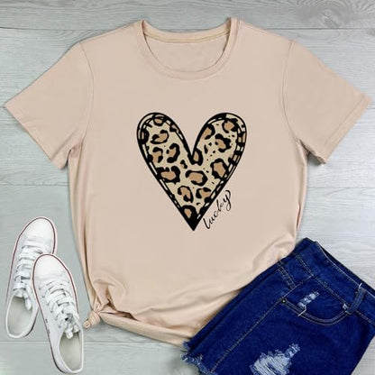 YITAN Women Graphic Tshirts Cute Leopard Heart Tops - color: Apricot, size: Large