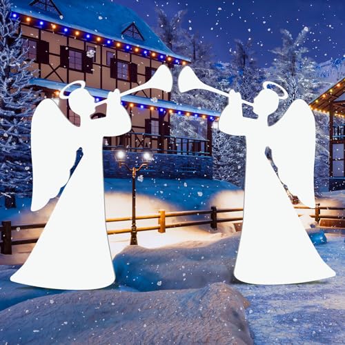 Barydat 2 Pcs 35'' Christmas Angels Outdoor Decoration Large Trumpeting Angel Nativity Scene Yard Sign Religious PVC Waterproof Decor with Stake for Yard Garden Lawn Christmas Home Patio Outdoor