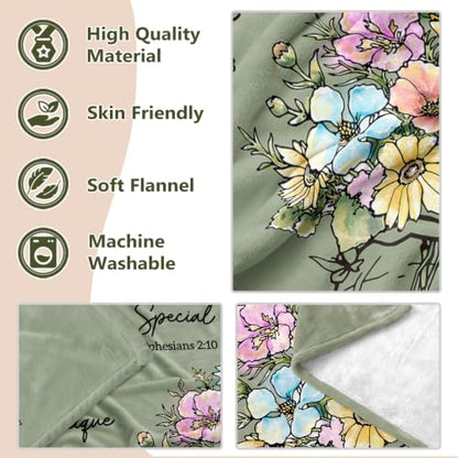 Christian Gifts for Women, Christian Birthday Blanket with Flowers - color: Sage Green, size: 80"x60"